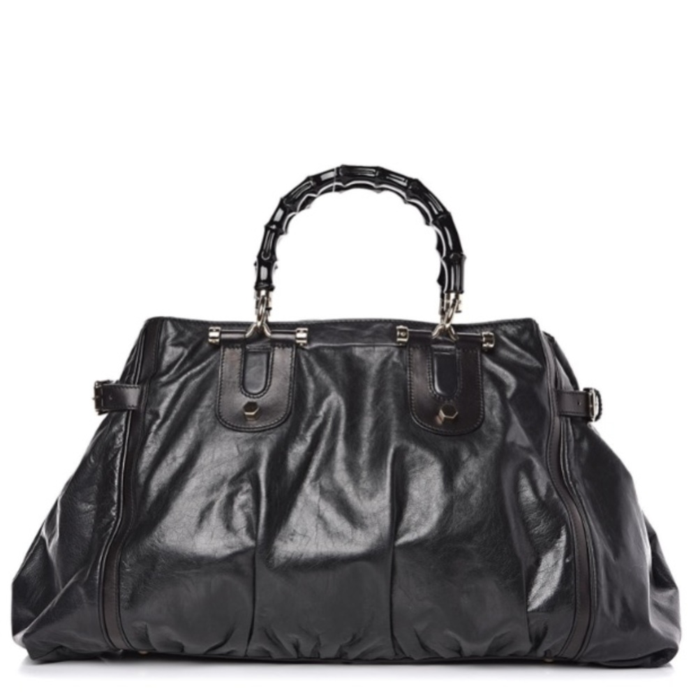 AUTH Dialux Pop Bamboo Large Top Handle Tote Black